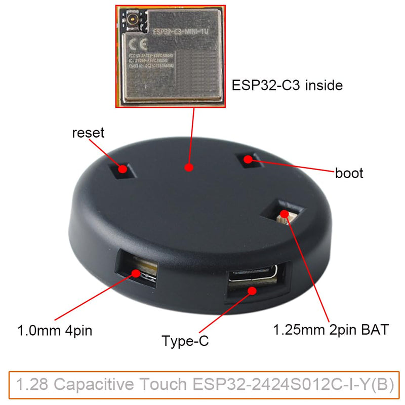 1.28" inch ESP32-C3 Round Display ESP32-2424S012C-I-Y(B) IPS Capacitive Touchscreen with Black Case 240x240 TFT LCD Module ESP32-C3 Development Board GC9A01 for Arduino IDE