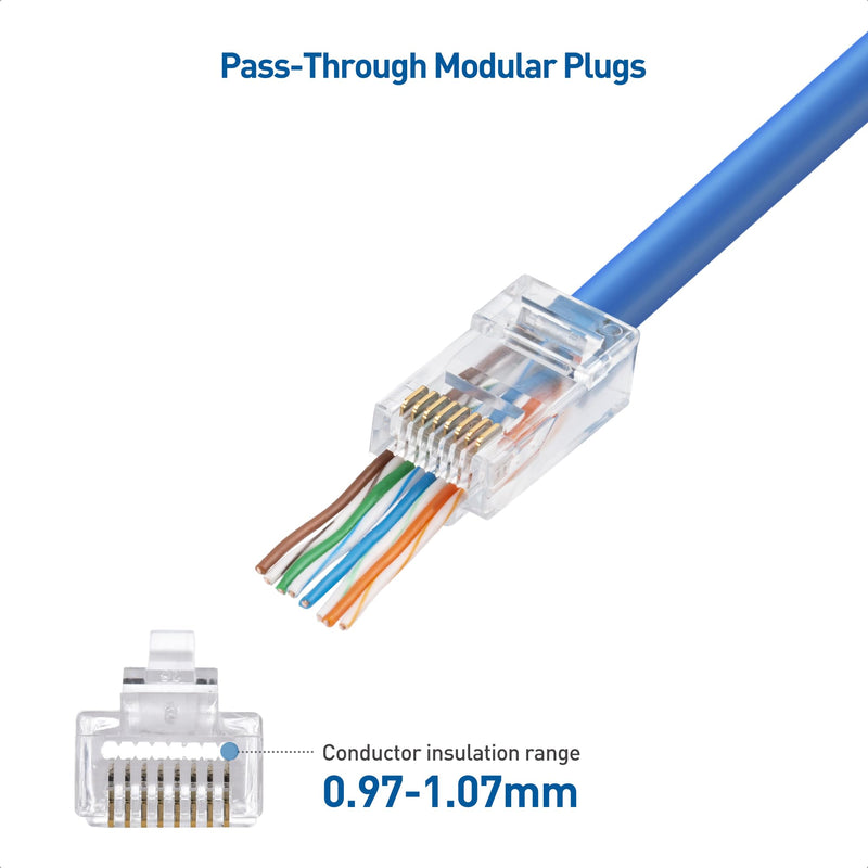 Cable Matters 100-Pack Cat 6 Pass Through RJ45 Connectors (Cat 6 Ends / Cat6 Connector / RJ45 Modular Plugs/Ethernet Plugs/Network Connector) for Solid or Stranded UTP Ethernet Cable Cat6 Pass-through