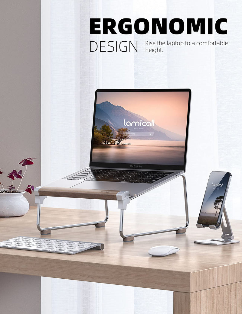Lamicall Laptop Stand Desk, Walnut Wood Laptop Riser Portable Removable Aluminum Ventilated Ergonomic Computer Notebook Stand Holder Elevator, for MacBook Air Pro, Dell XPS, HP (10-16'') - Silver Sliver