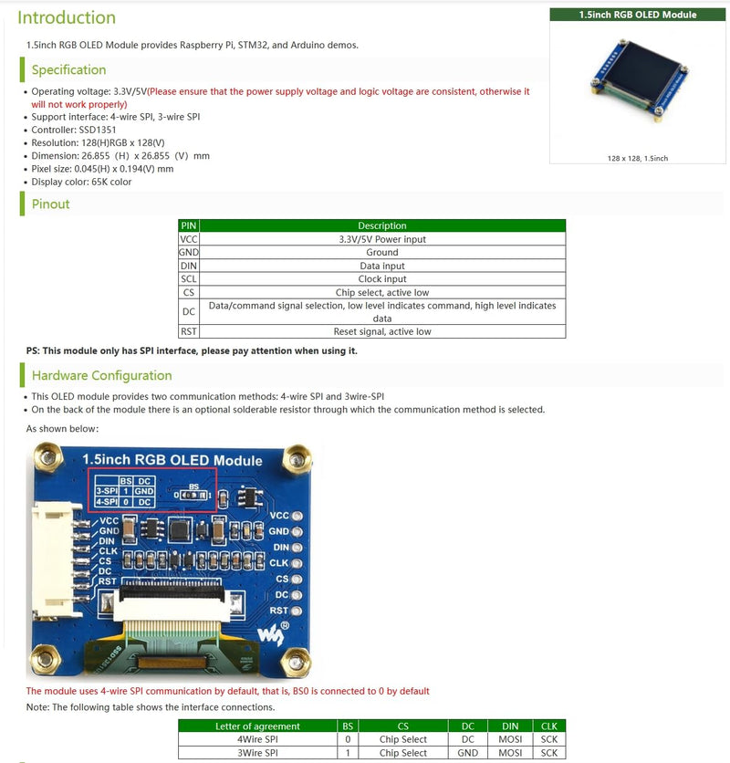 1.5inch RGB OLED Display Module, 128x128 Pixels 16-bit High Color (65K Colors) 1351 Driver, SPI Interface, Compatible with Arduino Raspberry Pi Ardui Jetson Nano STM32,etc.