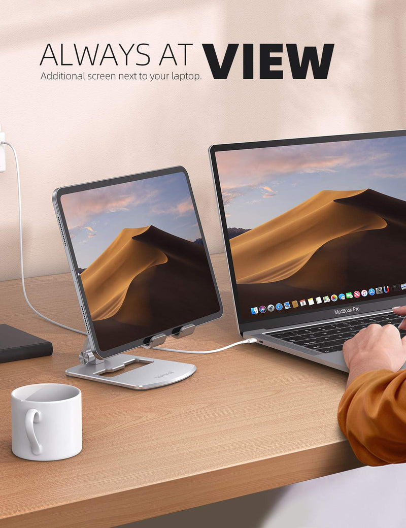 Lamicall Adjustable Tablet Stand Holder - Foldable Phone Dock, 360°Rotating Desktop Tablet Mount, for 4.7-13" Tablets, Such as iPad Pro 11, 12.9 Air Mini, Tabs, Kindle, iPhone Air 17 Pro Max, Silver