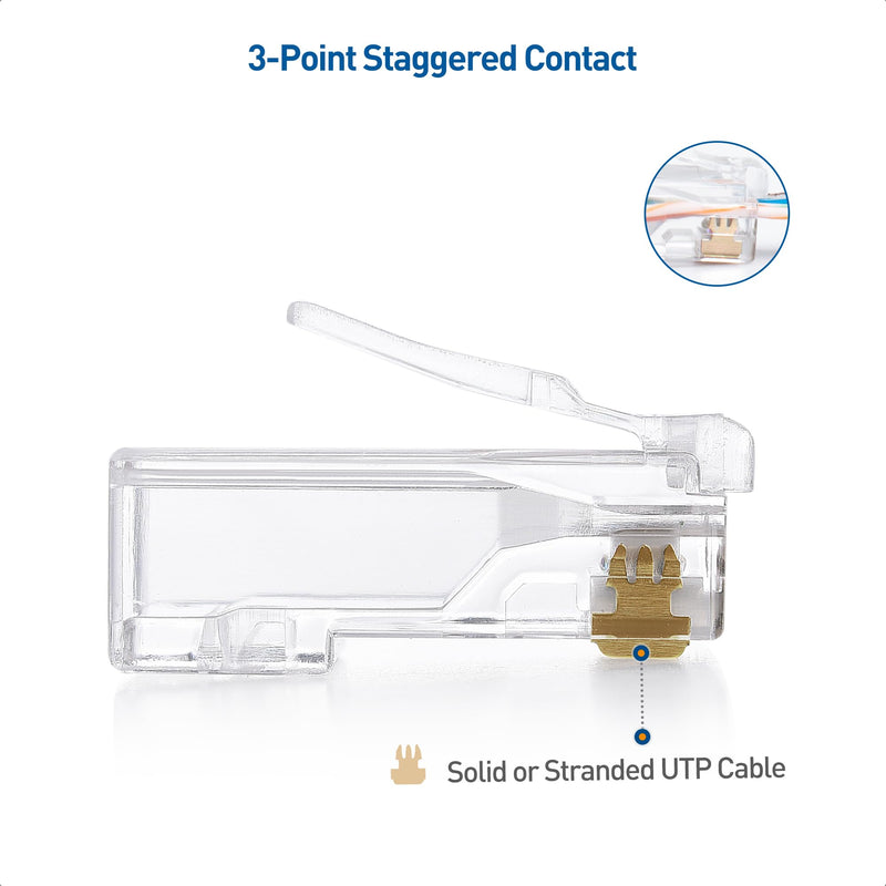 Cable Matters 100-Pack Cat 6 Pass Through RJ45 Connectors (Cat 6 Ends / Cat6 Connector / RJ45 Modular Plugs/Ethernet Plugs/Network Connector) for Solid or Stranded UTP Ethernet Cable Cat6 Pass-through