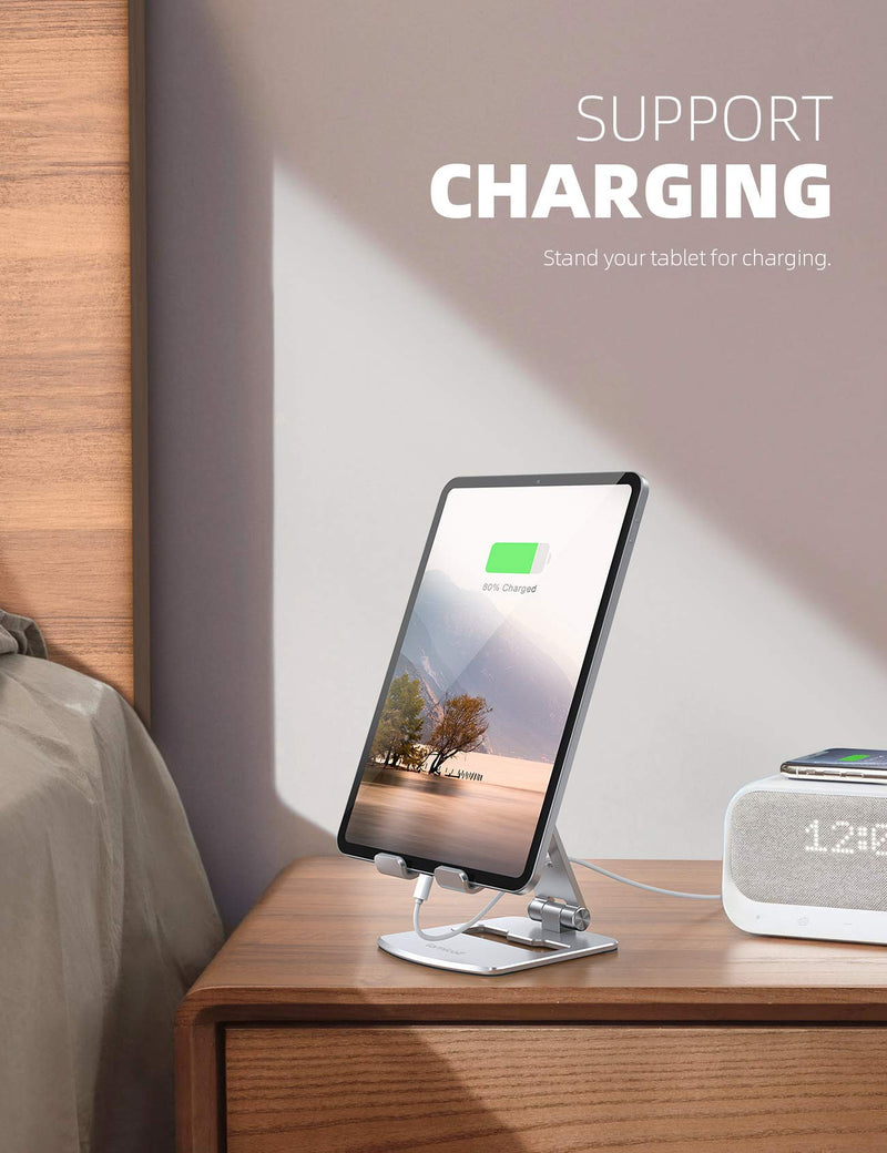 Lamicall Adjustable Tablet Stand Holder - Foldable Phone Dock, 360°Rotating Desktop Tablet Mount, for 4.7-13" Tablets, Such as iPad Pro 11, 12.9 Air Mini, Tabs, Kindle, iPhone Air 17 Pro Max, Silver