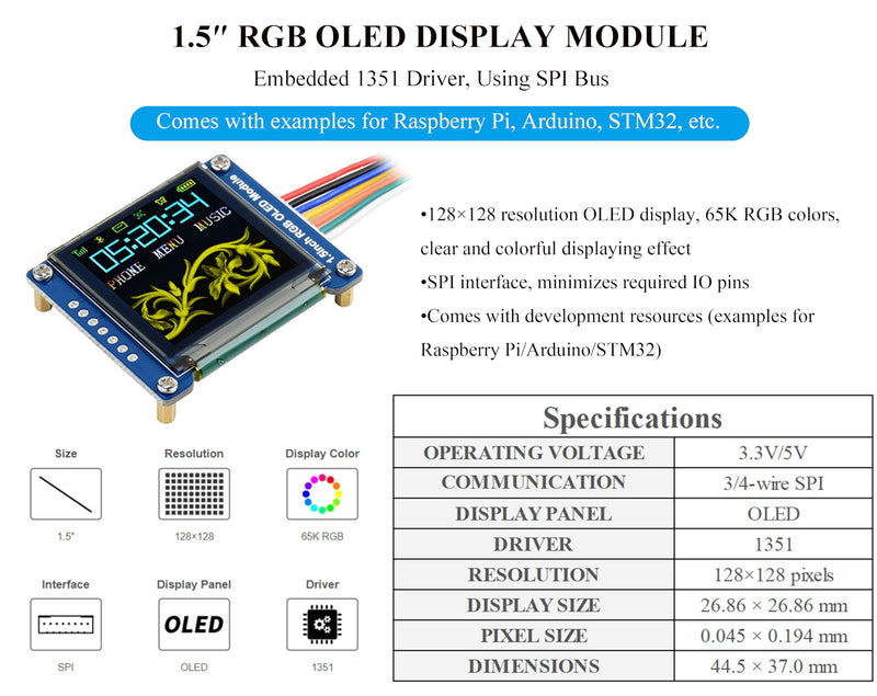 1.5inch RGB OLED Display Module, 128x128 Pixels 16-bit High Color (65K Colors) 1351 Driver, SPI Interface, Compatible with Arduino Raspberry Pi Ardui Jetson Nano STM32,etc.