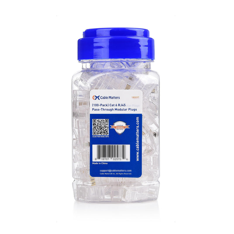 Cable Matters 100-Pack Cat 6 Pass Through RJ45 Connectors (Cat 6 Ends / Cat6 Connector / RJ45 Modular Plugs/Ethernet Plugs/Network Connector) for Solid or Stranded UTP Ethernet Cable Cat6 Pass-through