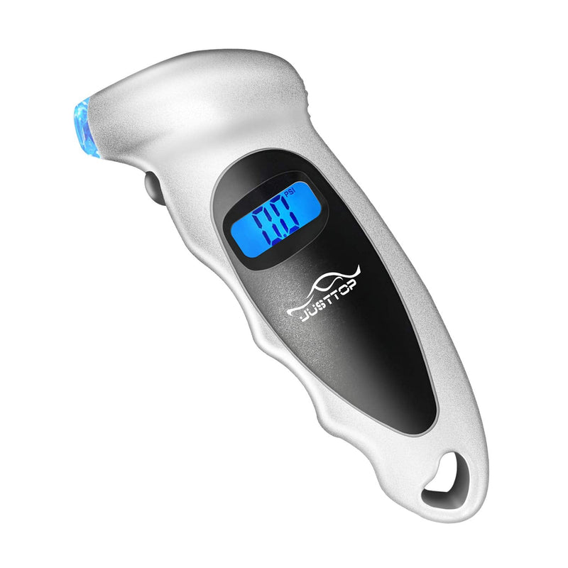 JUSTTOP Digital Tire Pressure Gauge, 150PSI 4 Setting for Cars, Trucks and Bicycles, Backlit LCD and Anti-Skid Grip for Easy and Accurate Reading(Silver) Silver