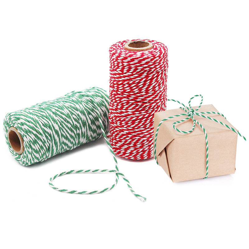 Benvo Pack of 2 Green White Cotton Twine and Red White Packing String Christmas Xmas Twine Rope Ribbon Cord for Baking, Butchers, DIY Crafts Wrapping Ornaments Hanging 656 ft Long Red White and Green White Twine