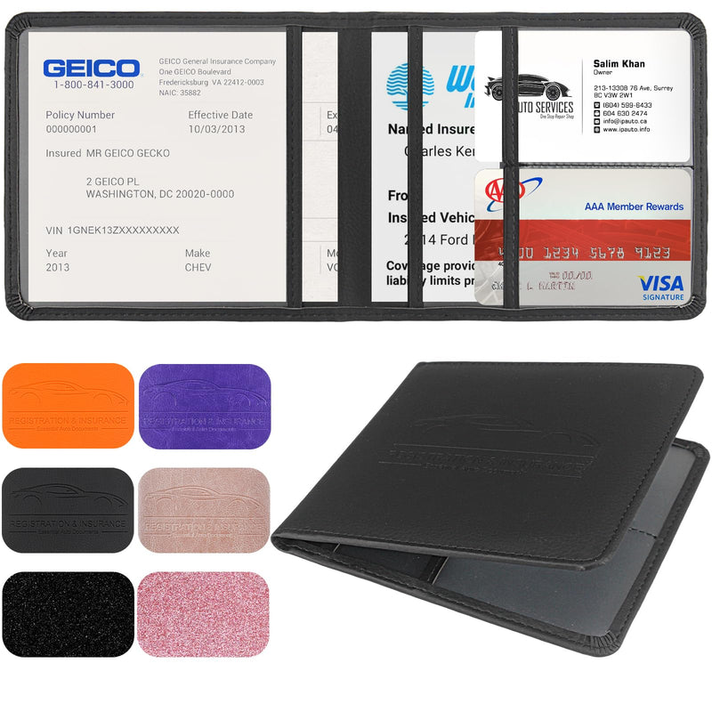 Car Registration and Insurance Holder, Leather Registration and Insurance Card Holder, Vehicle Glove Box Organizer - For Documents, Cards, License (Black) Black
