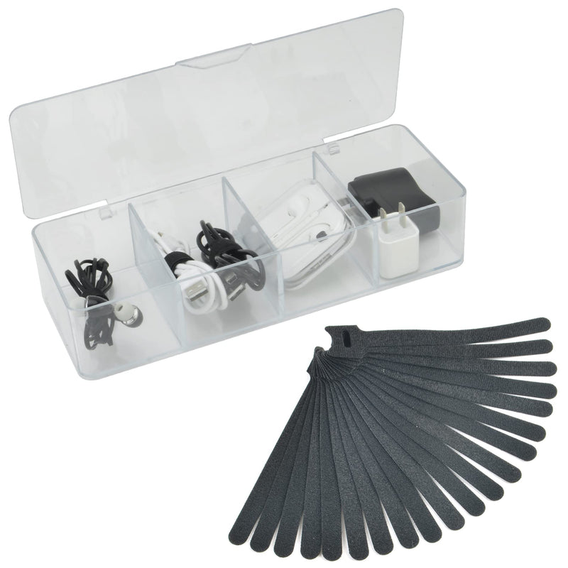Electronics Organizer 4 Sections Clear Acrylic Cable Storage Bin Box Cord Holder with 20 PCS Reusable Fastening Fabric Cable Ties Straps Cord Wraps (4 Sections/with Cover) 4 Section / With Lid