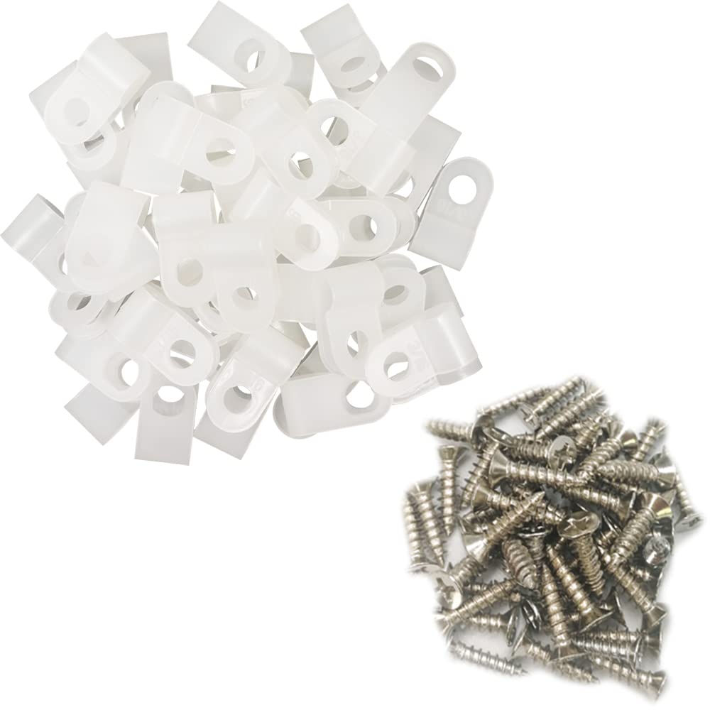 Alamic Cable Clamp R-Type Cable Clip Wire Clamp 3/16" Nylon Screw Mounting Cord Fastener Clips with Screws for Wire Management - White - 50 Pcs 3/16" White