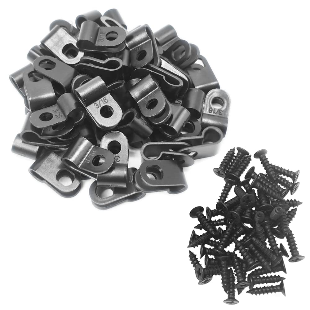 Alamic Cable Clamp R-Type Cable Clip Wire Clamp 3/16" Nylon Screw Mounting Cord Fastener Clips with Screws for Wire Management - Black - 50 Pcs 3/16" Black
