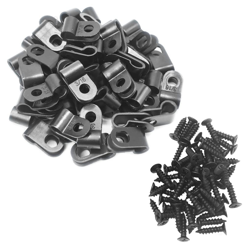 Alamic Cable Clamp R-Type Cable Clip Wire Clamp 3/16" Nylon Screw Mounting Cord Fastener Clips with Screws for Wire Management - Black - 50 Pcs 3/16" Black