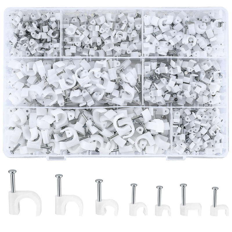 700 Pcs Cable Clips with Steel Nails, Cable Wire Cord Management Clips, White Ethernet Cable/Coax Cable/Cable Cord Holder Staples Clips with Tacks Nails for Wall, 4mm 5mm 6mm 8mm 10mm