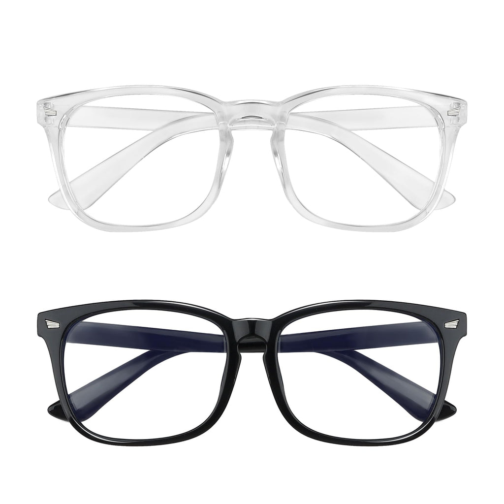 Yekepal Blue Light Blocking Glasses, 2 Pack Blue Light Glasses Men, Blue Light Glasses Women Eyeglasses Bluelight Eyestrain Black + Transparent