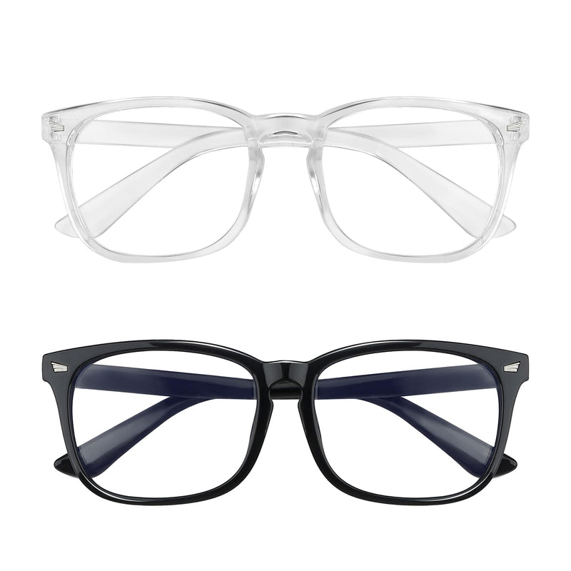 Yekepal Blue Light Blocking Glasses, 2 Pack Blue Light Glasses Men, Blue Light Glasses Women Eyeglasses Bluelight Eyestrain Black + Transparent
