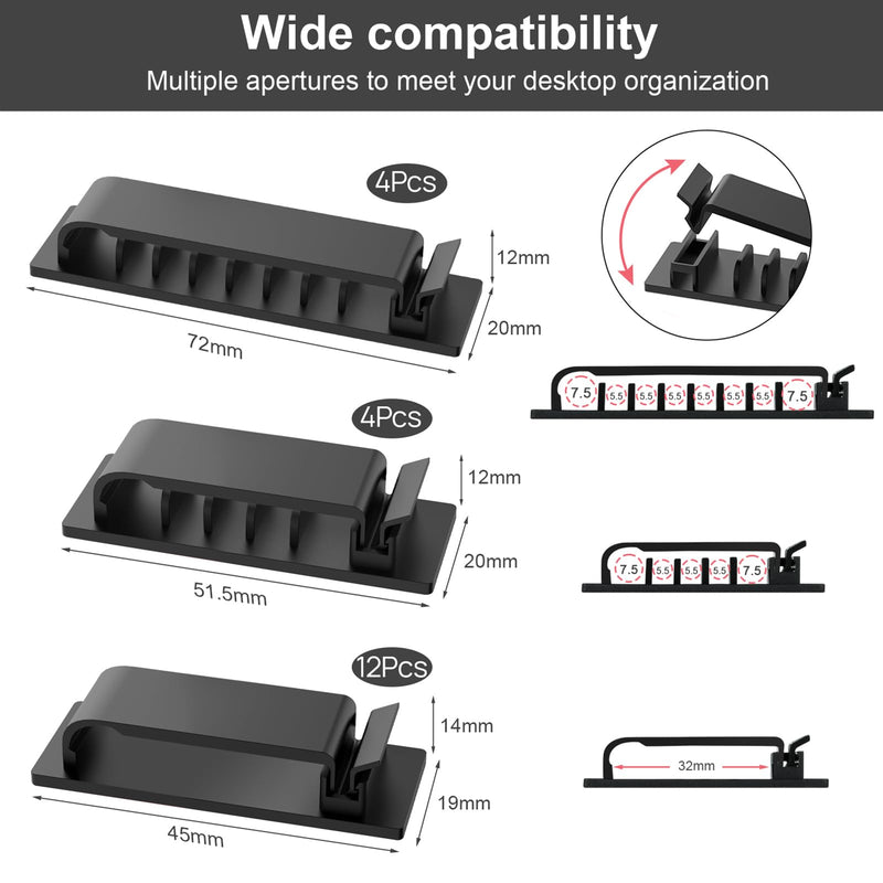 Cable Management Clips, 20Pcs Cable Organizers Wire Clips Cord Holder for TV PC Ethernet Cable Under Desk Home Office (Black) Black