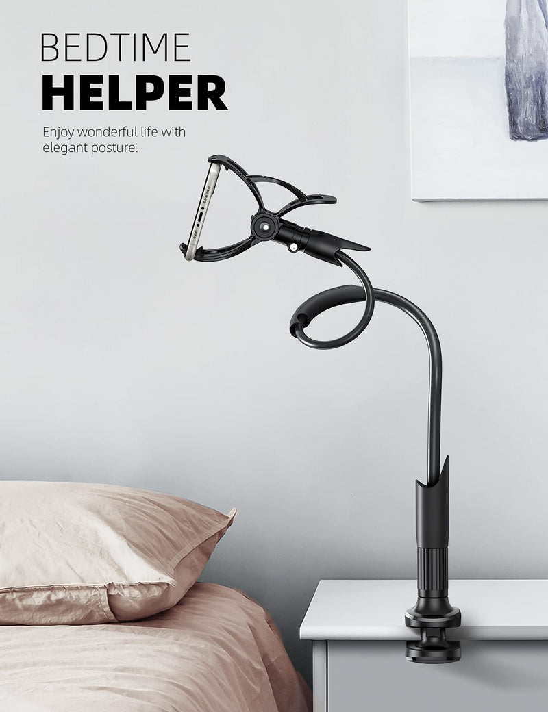 Phone Holder Bed Gooseneck Mount - Lamicall Flexible Arm 360 Mount Clip Bracket Clamp Stand for Cell Phone XS Max XR X 8 7 6 Plus 5 4, S10 S9 S8 S7 S6, Overall Length 33.4In(Black) Black
