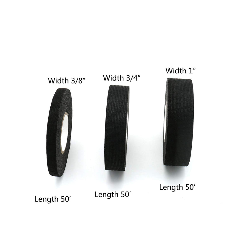 Tueascallk 6 Rolls 300 Feet Black High Temperature Resistant Insulating Fiber Flannel Electrical Tape, Automobile Wiring Harness Friction Tape, Width 1", 3/4", 3/8"