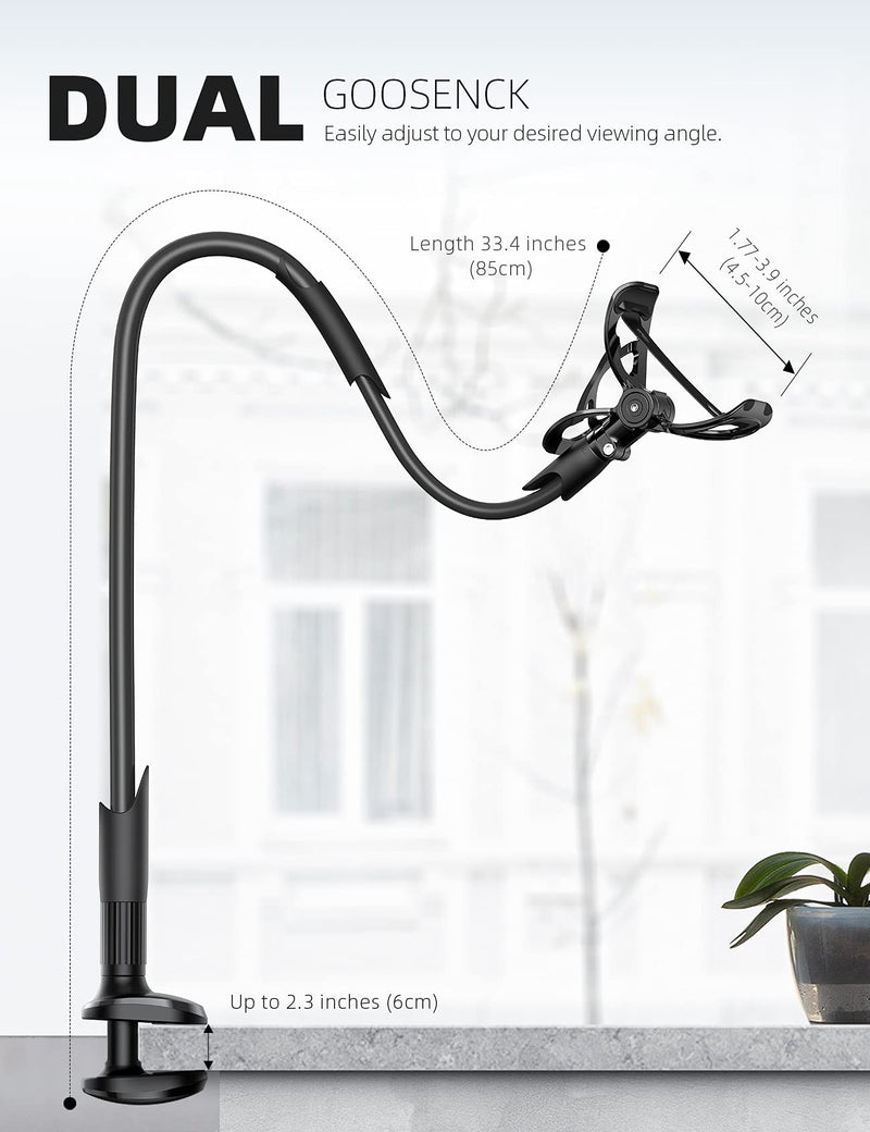 Phone Holder Bed Gooseneck Mount - Lamicall Flexible Arm 360 Mount Clip Bracket Clamp Stand for Cell Phone XS Max XR X 8 7 6 Plus 5 4, S10 S9 S8 S7 S6, Overall Length 33.4In(Black) Black