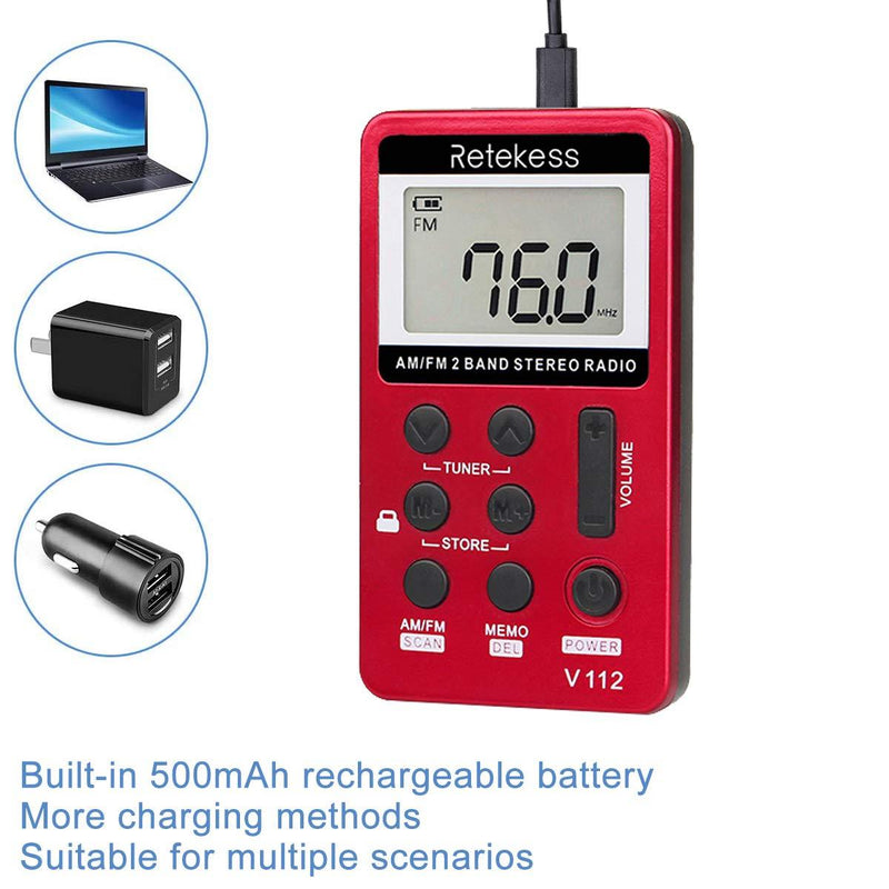 Retekess V112 AM FM Portable Pocket Radio Digital Tuning Stereo Volume with Earphone Rechargeable Battery for Walking Gym (Red) Red