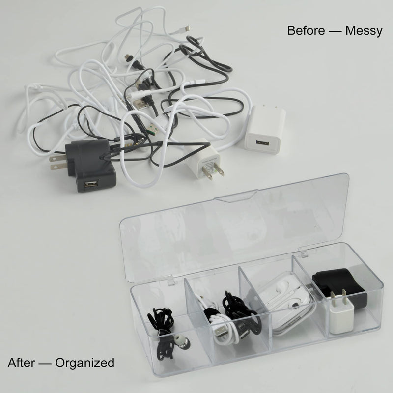 Electronics Organizer 4 Sections Clear Acrylic Cable Storage Bin Box Cord Holder with 20 PCS Reusable Fastening Fabric Cable Ties Straps Cord Wraps (4 Sections/with Cover) 4 Section / With Lid