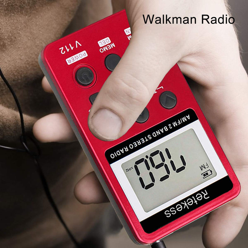 Retekess V112 AM FM Portable Pocket Radio Digital Tuning Stereo Volume with Earphone Rechargeable Battery for Walking Gym (Red) Red