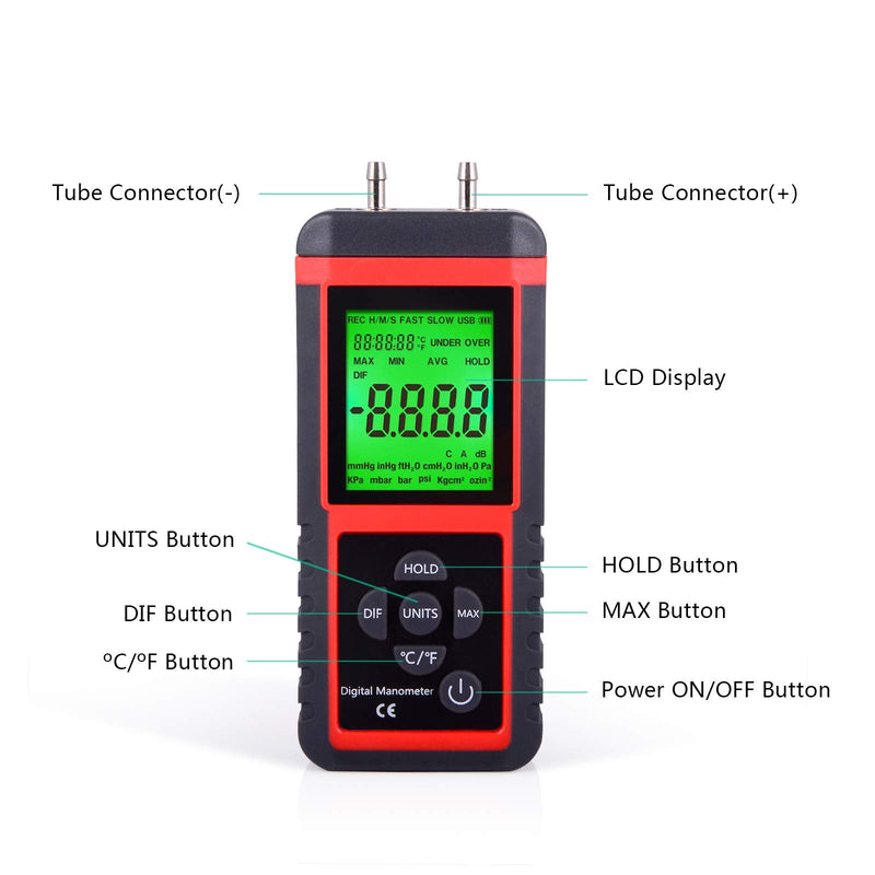 EHDIS Manometer Gas Pressure Tester Digital Air Pressure Meter Differential Pressure Gauge HVAC Gas Pressure Tester