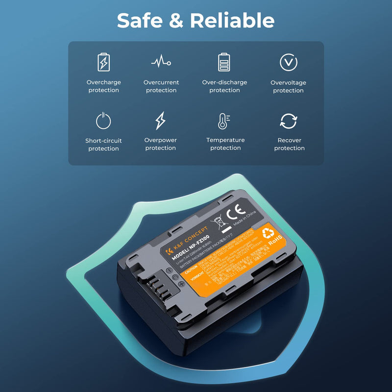 K&F Concept NP-FZ100 Battery and Dual Slot Charger Set for Sony ZV-E1, FX3, FX30, A7C, A7 III, A7R III, A7R IV, A9, A6600, Alpha 9, Alpha 9S, A9S, A7III, A7R3, A7R4 Camera Batteries, 2280mAH