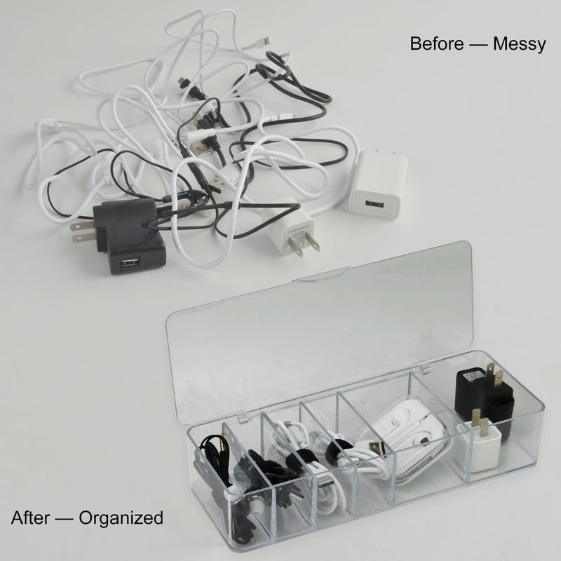 Electronics Organizer 6 Sections Clear Acrylic Cable Storage Bin Box Cord Holder with 20 PCS Reusable Fastening Fabric Cable Ties Straps Cord Wraps (6 Sections/with Cover) 6 Section / With Lid