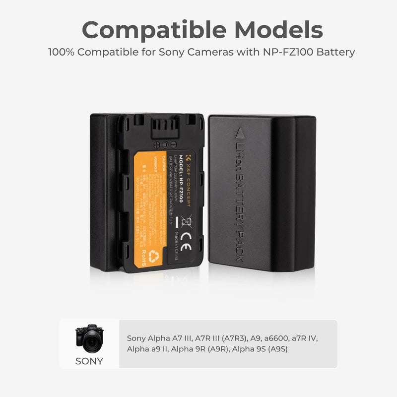 K&F Concept NP-FZ100 Battery and Dual Slot Charger Set for Sony ZV-E1, FX3, FX30, A7C, A7 III, A7R III, A7R IV, A9, A6600, Alpha 9, Alpha 9S, A9S, A7III, A7R3, A7R4 Camera Batteries, 2280mAH