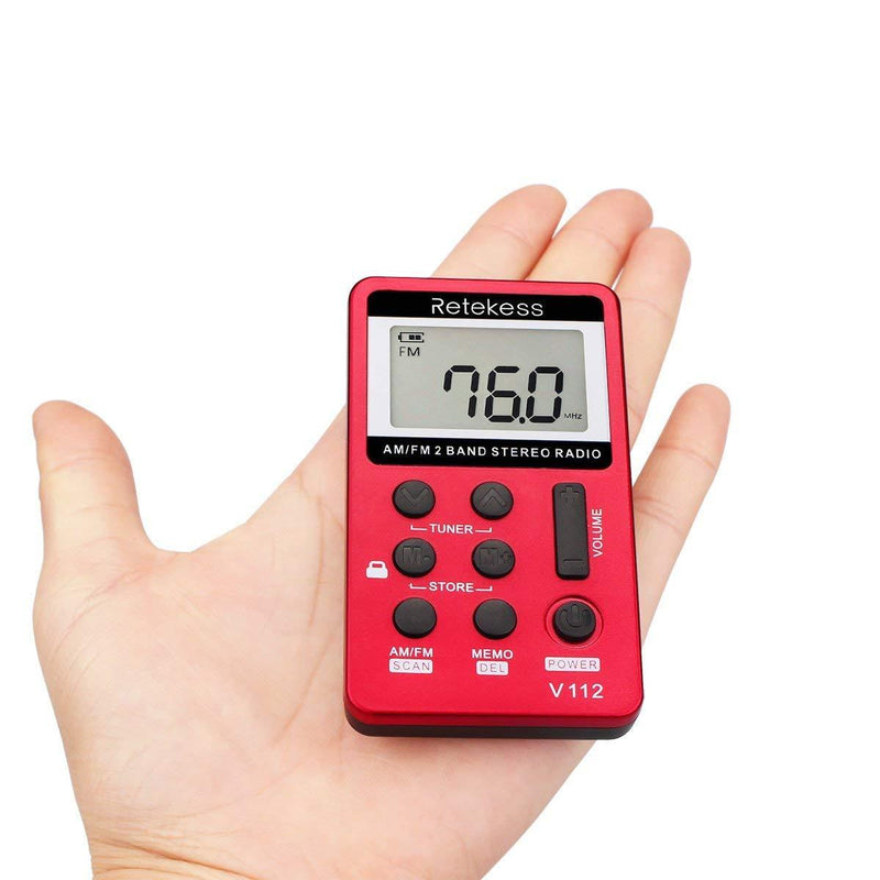 Retekess V112 AM FM Portable Pocket Radio Digital Tuning Stereo Volume with Earphone Rechargeable Battery for Walking Gym (Red) Red