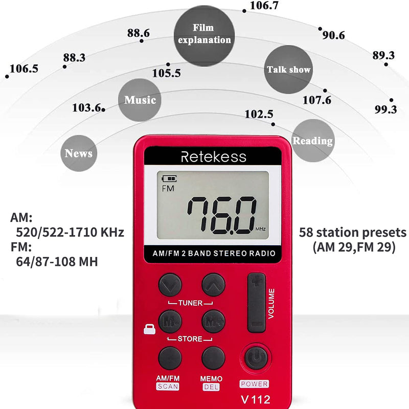 Retekess V112 AM FM Portable Pocket Radio Digital Tuning Stereo Volume with Earphone Rechargeable Battery for Walking Gym (Red) Red