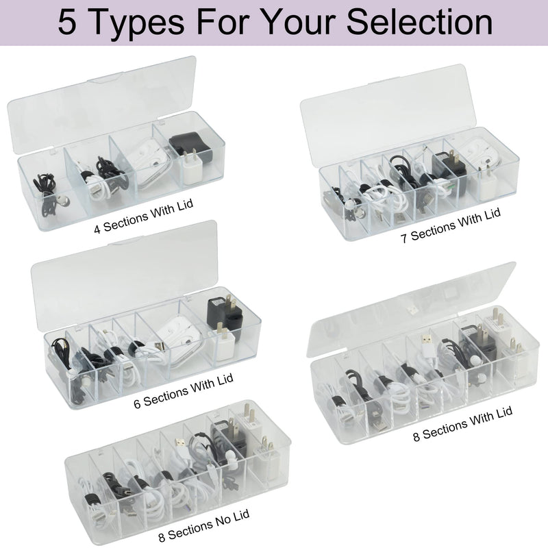 Electronics Organizer 4 Sections Clear Acrylic Cable Storage Bin Box Cord Holder with 20 PCS Reusable Fastening Fabric Cable Ties Straps Cord Wraps (4 Sections/with Cover) 4 Section / With Lid