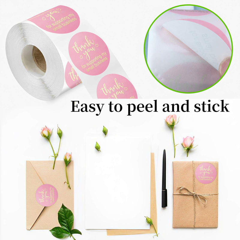 1.5in Thank You Stickers,Roll of 500 Thank You for Supporting My Small Business Sticker Labels,Adhesive Thank You Round Label Stickers for Gift Packaging,Greeting Card,Bouquet,Mailer&Retail Bag,Pink 1.5in Pink