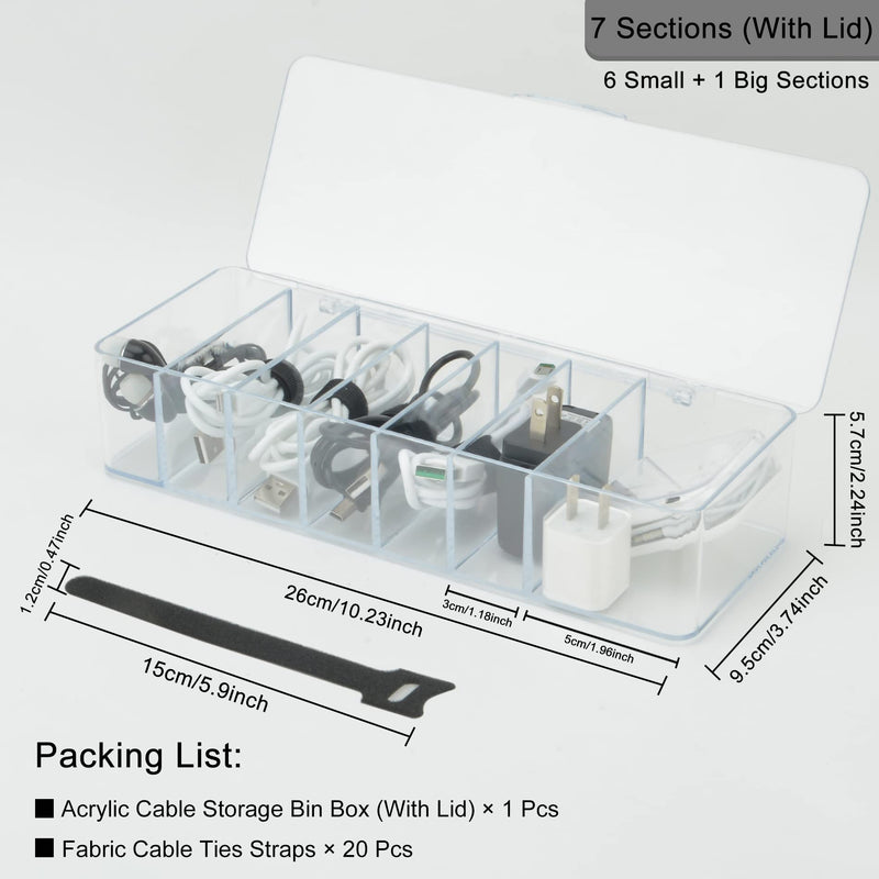 Electronics Organizer 7 Sections Clear Acrylic Cable Storage Bin Box Cord Holder with 20 PCS Reusable Fastening Fabric Cable Ties Straps Cord Wraps (7 Sections/with Cover) 7 Section / With Lid