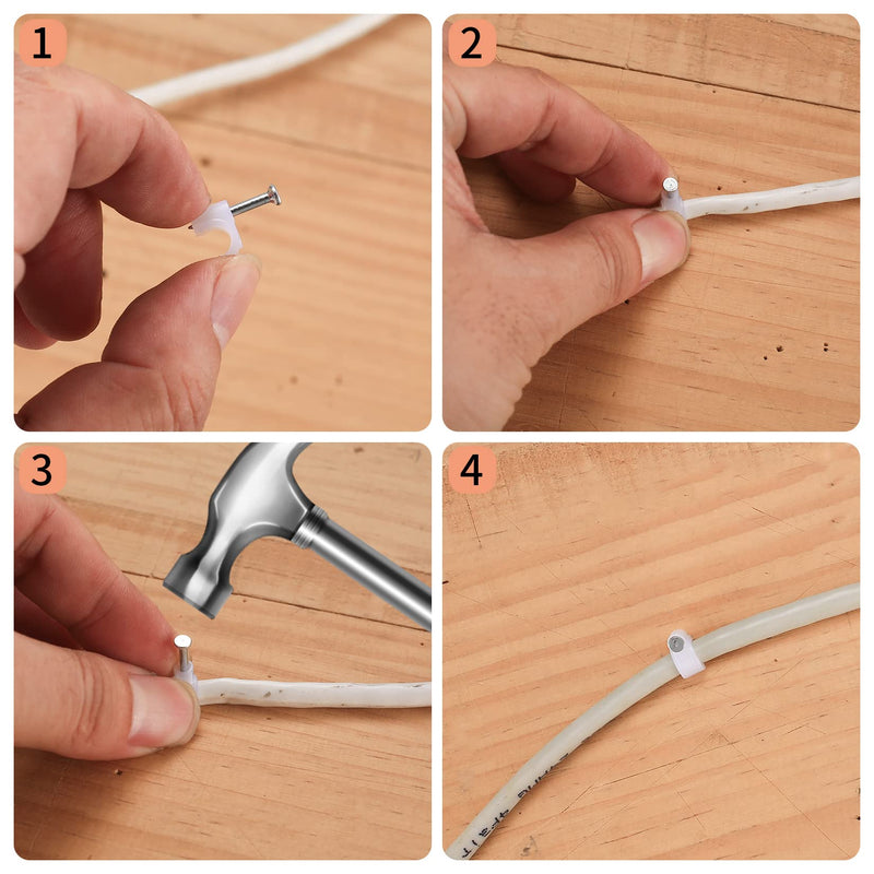 700 Pcs Cable Clips with Steel Nails, Cable Wire Cord Management Clips, White Ethernet Cable/Coax Cable/Cable Cord Holder Staples Clips with Tacks Nails for Wall, 4mm 5mm 6mm 8mm 10mm