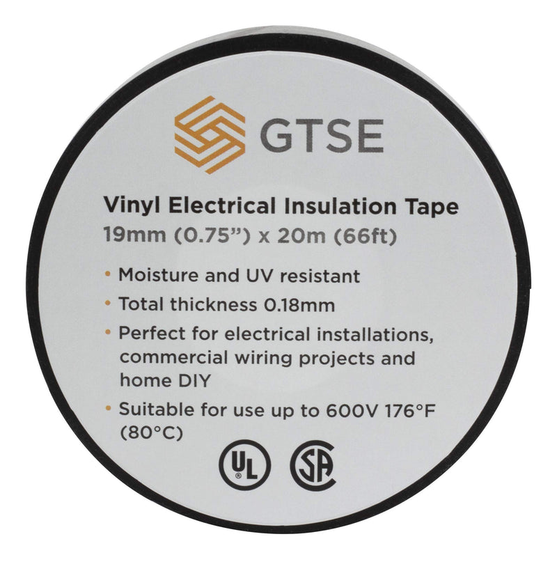GTSE Vinyl Electrical Tape, 3/4 in x 66 ft, Black Waterproof Tape, UL & CSA Listed, Flame Retardant, UV Resistant, 3 Rolls