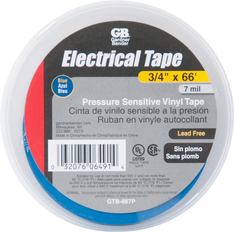 Gardner Bender GTB-667P Electrical Tape, ¾ in x 60 ft., Durable, Easy-Wrap, Flame Retardant, Blue