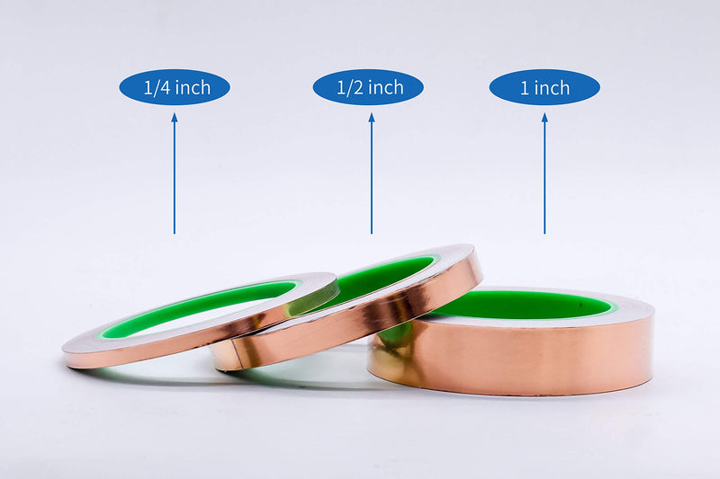 Copper Foil Tape 3 Pack (1inch 1/2inch 1/4inch x 66ft) with Conductive Adhesive for Electrical Repairs,Guitar or EMI Shielding, Stained Glass, Paper Circuits, BOMEI PACK