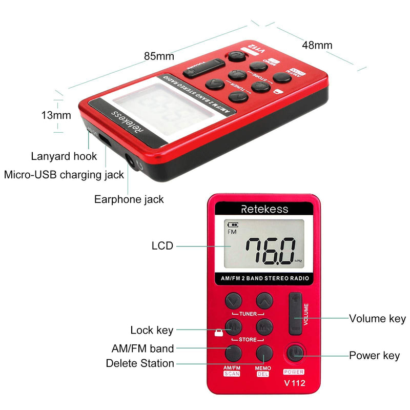 Retekess V112 AM FM Portable Pocket Radio Digital Tuning Stereo Volume with Earphone Rechargeable Battery for Walking Gym (Red) Red