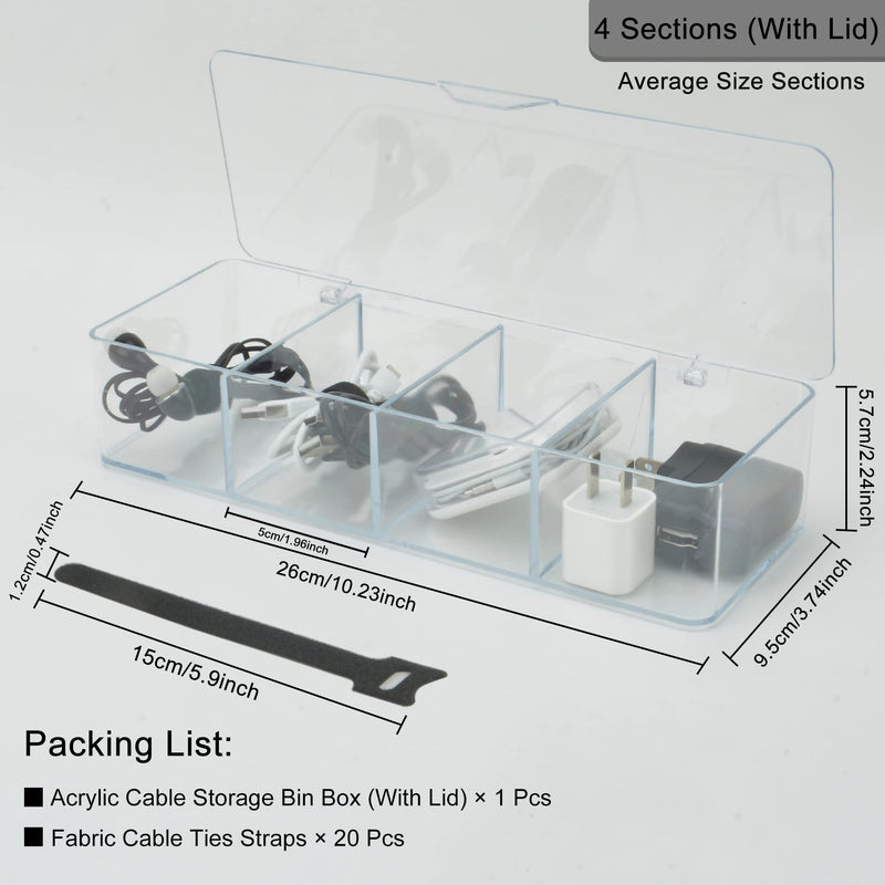 Electronics Organizer 4 Sections Clear Acrylic Cable Storage Bin Box Cord Holder with 20 PCS Reusable Fastening Fabric Cable Ties Straps Cord Wraps (4 Sections/with Cover) 4 Section / With Lid