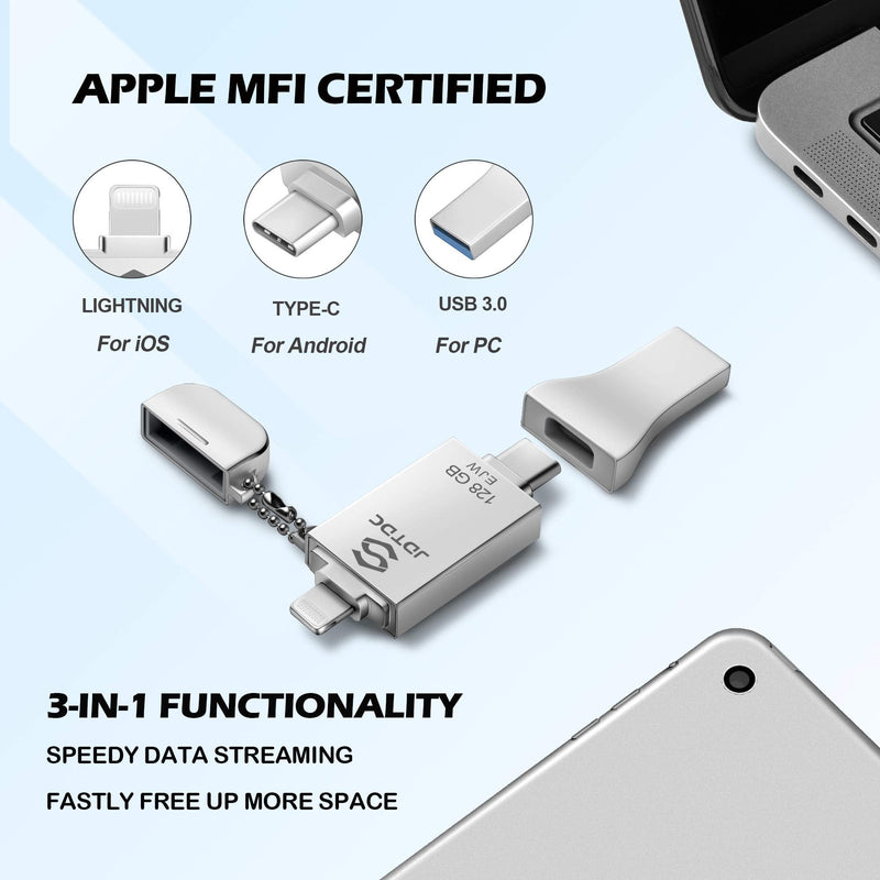 128GB Apple MFi Certified iPhone-Photo-Stick, 3 in 1 USB3.0 iOS Flash-Drive, Photo-Stick-for-iPhone, iPhoto Memory-Stick Thumb Drives for iPhone Backup Memory Stick for iPhone, iPad, Type-C Phone, PC 128GB silver