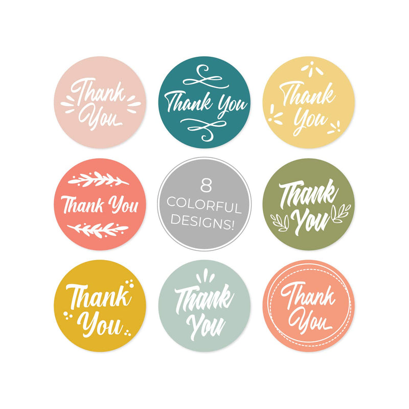 1.5" Multi-Color Thank You Shipping Labels / 8 Colorful Designs / 500 Small Business Packaging Stickers Per Roll