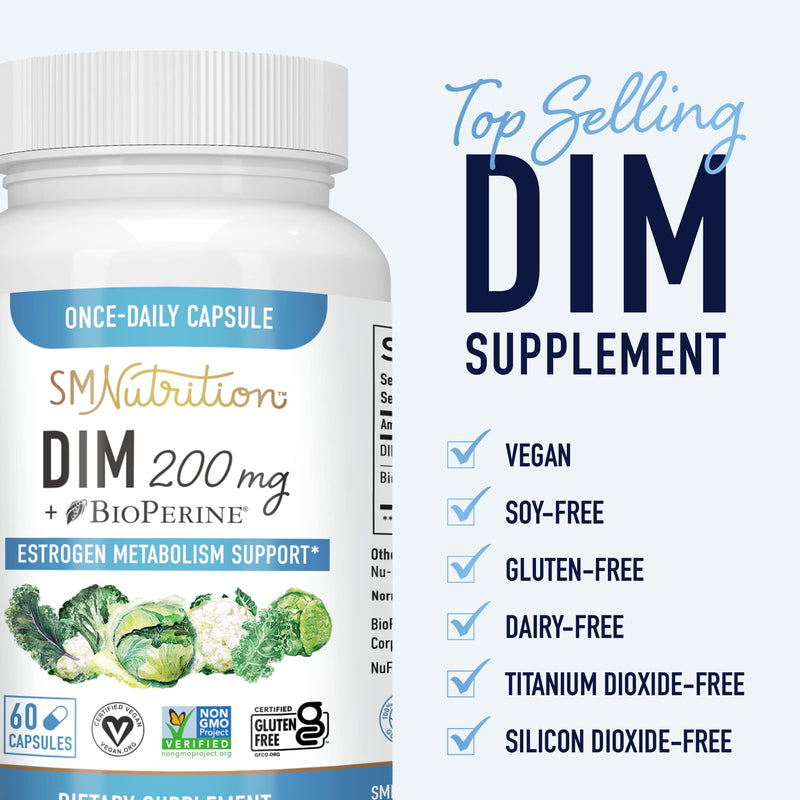 DIM Supplement 200mg - DIM Diindolylmethane Plus BioPerine 60-Day Supply of DIM for Estrogen Balance, Hormone Menopause Relief, Acne Treatment, PCOS, Bodybuilding