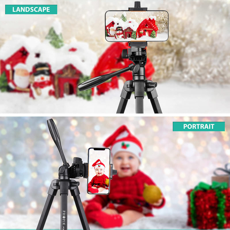 PHOPIK Phone Tripod 55 inches, Aluminum Travel/Camera/Mobile Phone Tripod with Carrying Bag with a Maximum Load of 6.6 pounds, Remote Shutter, Compatible with Smartphone & Tablet & Camera.