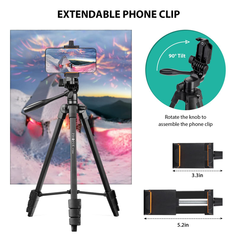 PHOPIK Phone Tripod 55 inches, Aluminum Travel/Camera/Mobile Phone Tripod with Carrying Bag with a Maximum Load of 6.6 pounds, Remote Shutter, Compatible with Smartphone & Tablet & Camera.