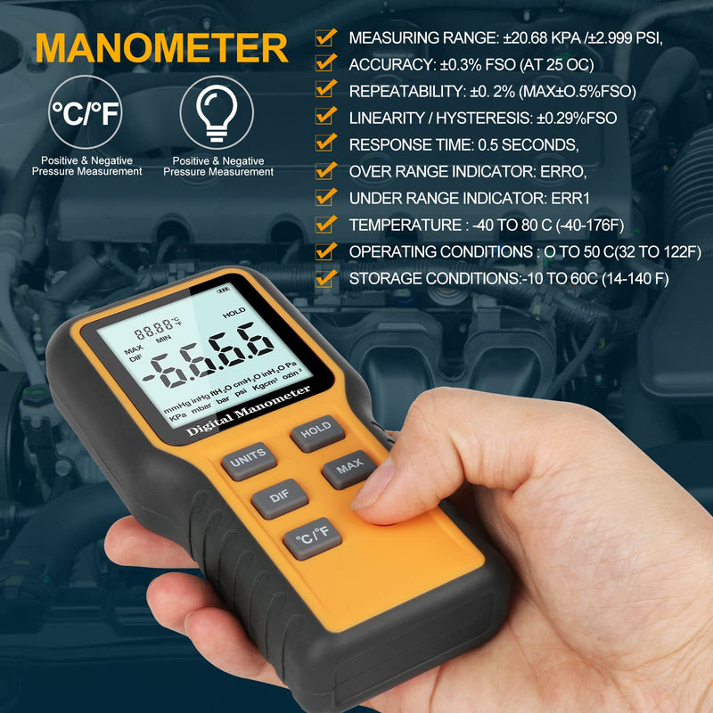 Manometer, Professional Air Pressure Meter, Dual-Port Manometer Gas Pressure Tester,12 Selectable Units Differential Pressure Gauge, HVAC Digital Manometer, Gas Pressure Tester