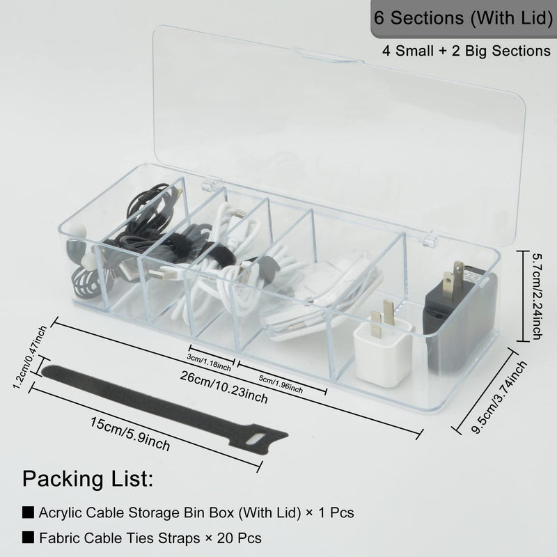 Electronics Organizer 6 Sections Clear Acrylic Cable Storage Bin Box Cord Holder with 20 PCS Reusable Fastening Fabric Cable Ties Straps Cord Wraps (6 Sections/with Cover) 6 Section / With Lid