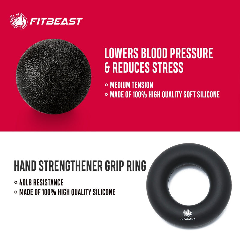 FitBeast Hand Grip Strengthener Workout Kit (5 Pack) Forearm Grip Adjustable Resistance Hand Gripper, Finger Exerciser, Finger Stretcher, Grip Ring & Stress Relief Grip Ball for Athletes Black