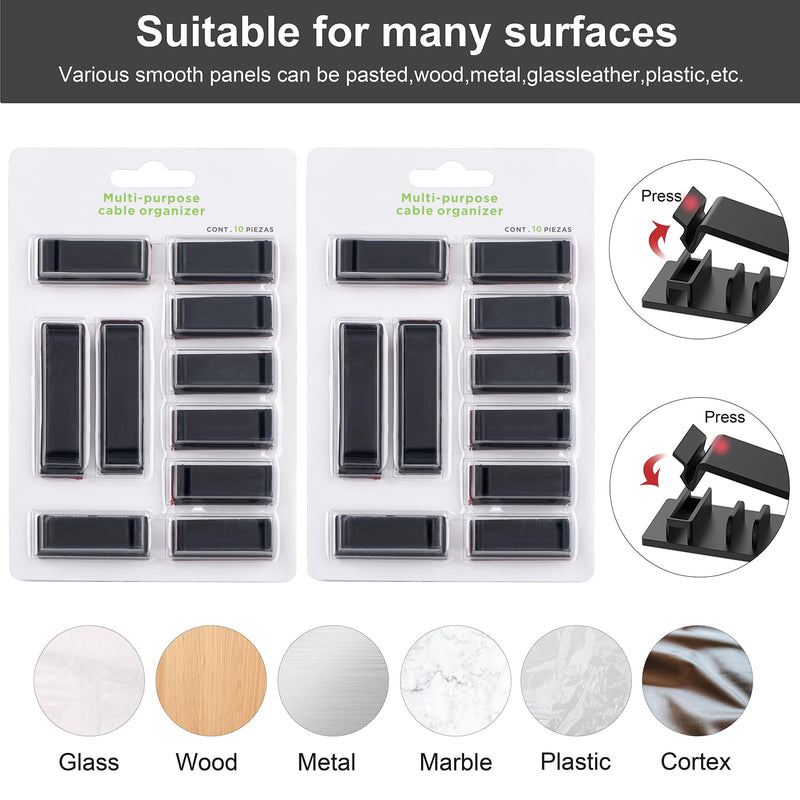 Cable Management Clips, 20Pcs Cable Organizers Wire Clips Cord Holder for TV PC Ethernet Cable Under Desk Home Office (Black) Black